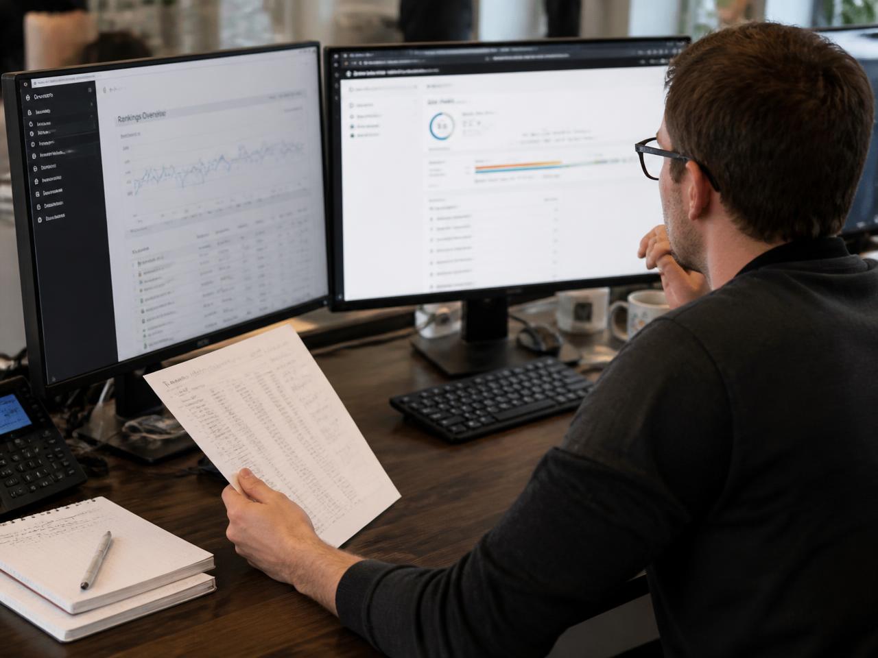 SEO specialist workspace with keyword ranking dashboards